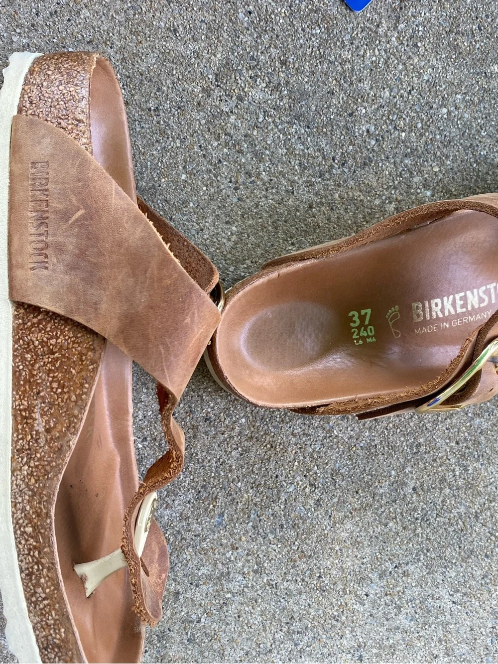 Birkenstock Almond Leather Gizeh Big Buckle Sandals Gold Accents